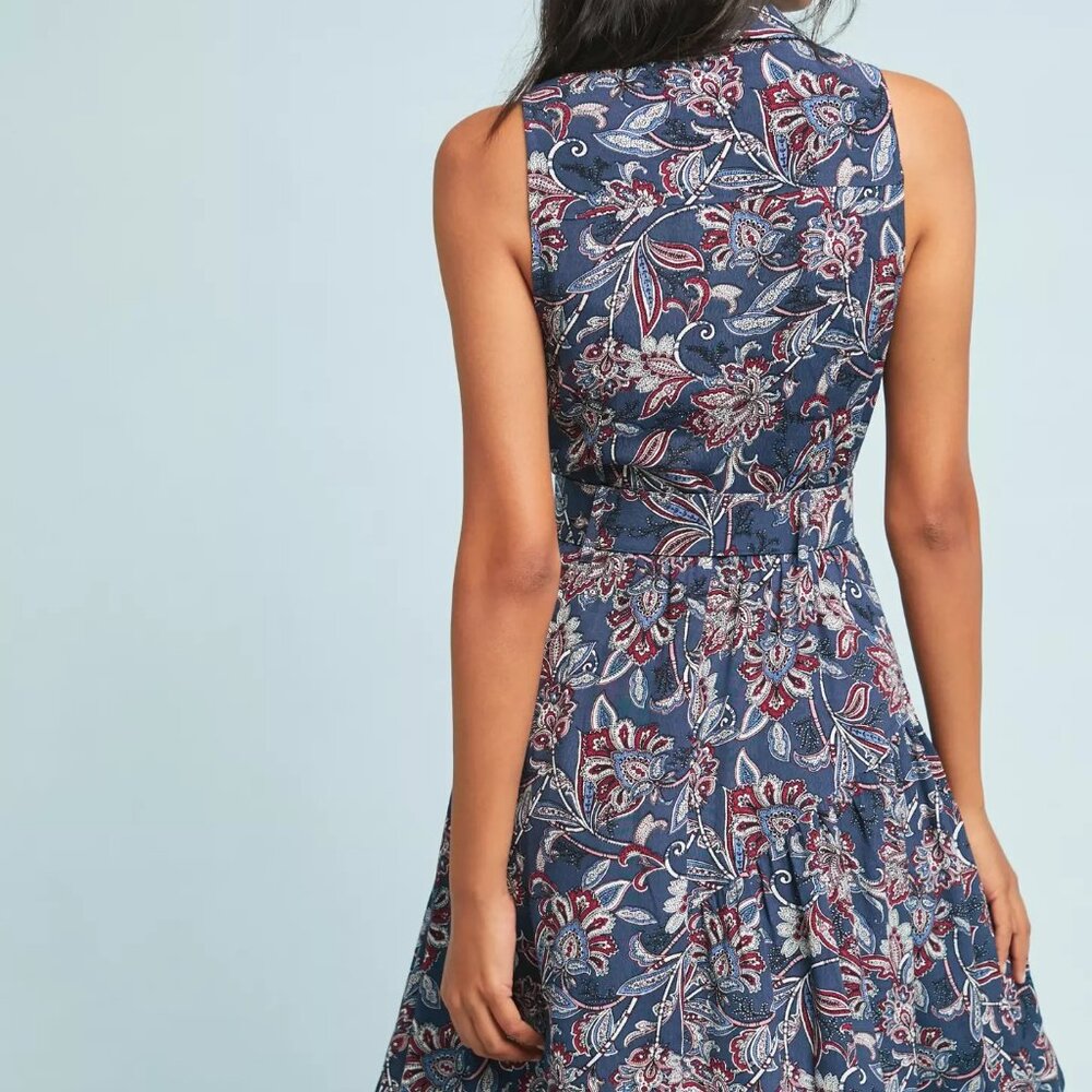 Anthropologie Maeve Calia Sleeveless Belted Shirtdress Blue White Size 0 - Picture 3 of 11